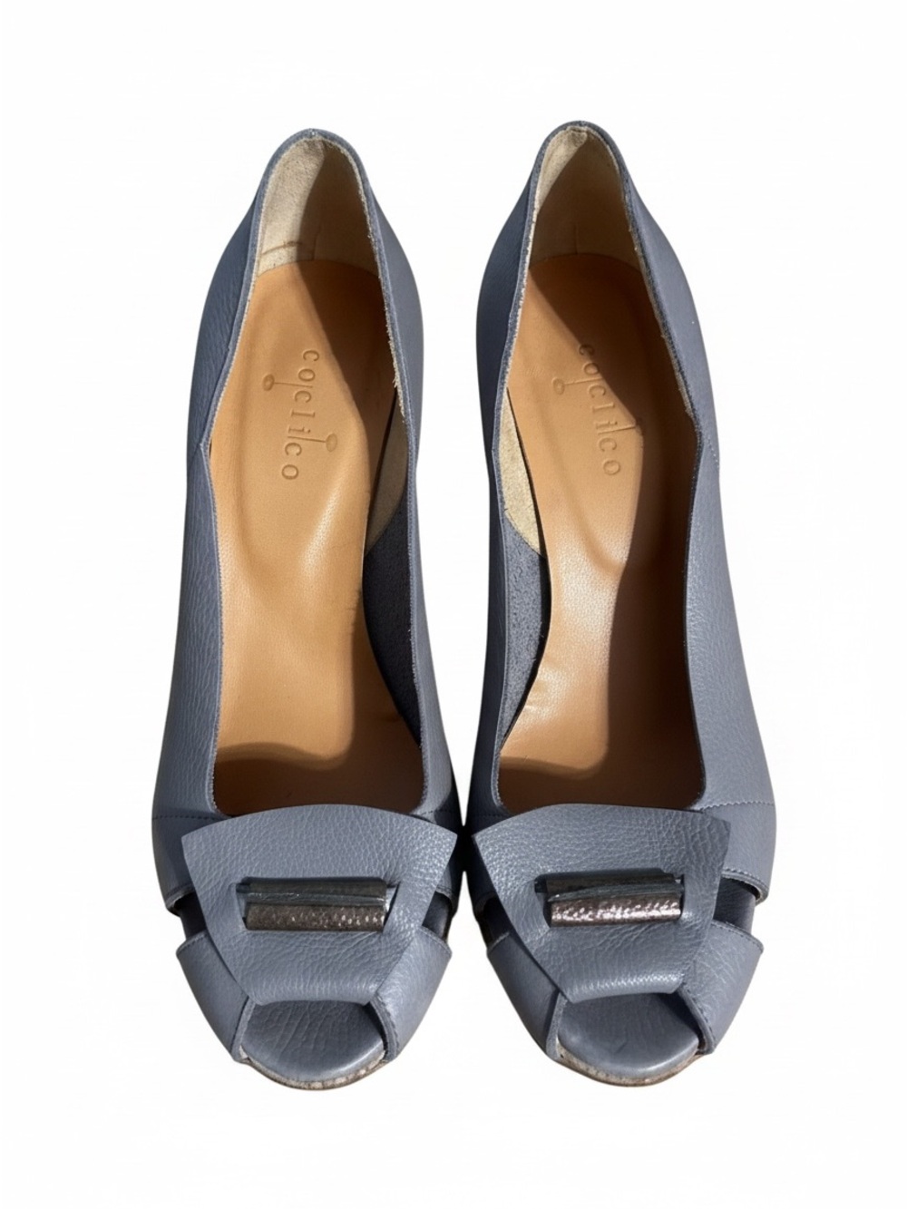 COCLICO Slate Blue Peep-Toe Leather Pumps